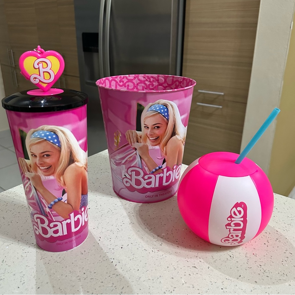 💖 Barbie The Movie,  3 Combo !! Tin Bucket, Cup with Locket and Beach Ball Cup.